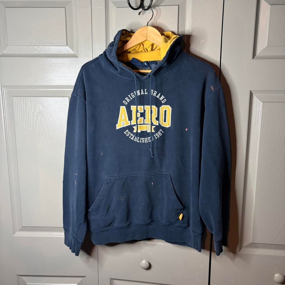 Vintage Aeropostale Mens Hoodie Navy Blue Yellow Y2K Preppy Pullover Large 24x26